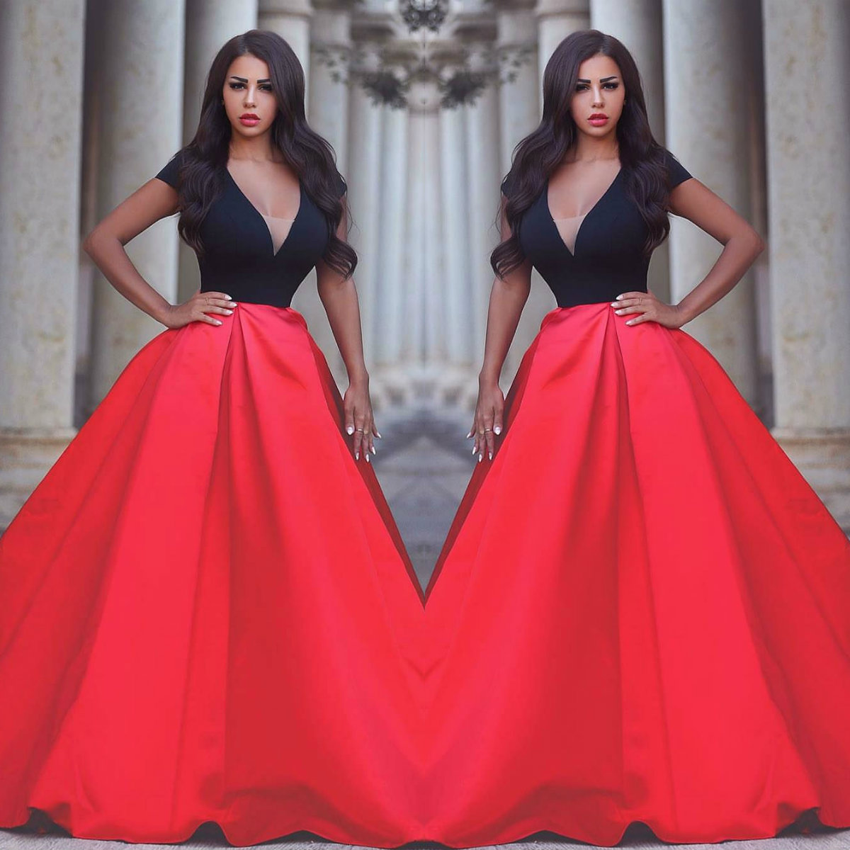 Fashion Red And Black Evening Dresses Short Sleeves Sexy Deep V Neck Satin Sweep Train Prom Dress A Line Party Gowns
