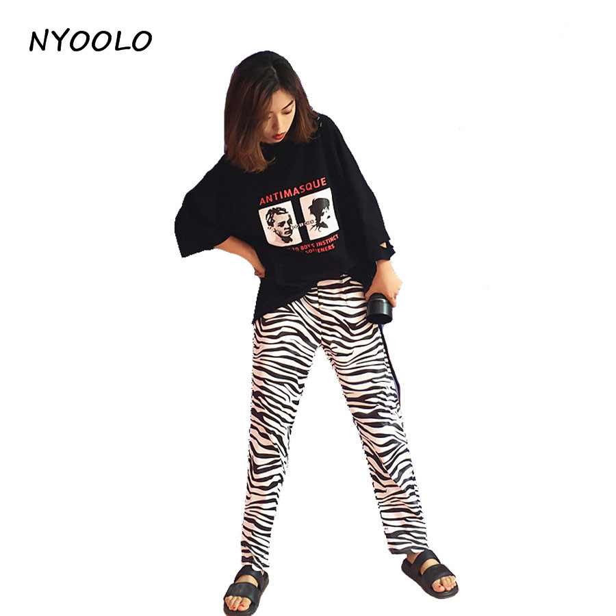 NYOOLO Vintage zebra striped paern Harajuku design elastic waist loose casual straight pants women/men hip-hop trousers