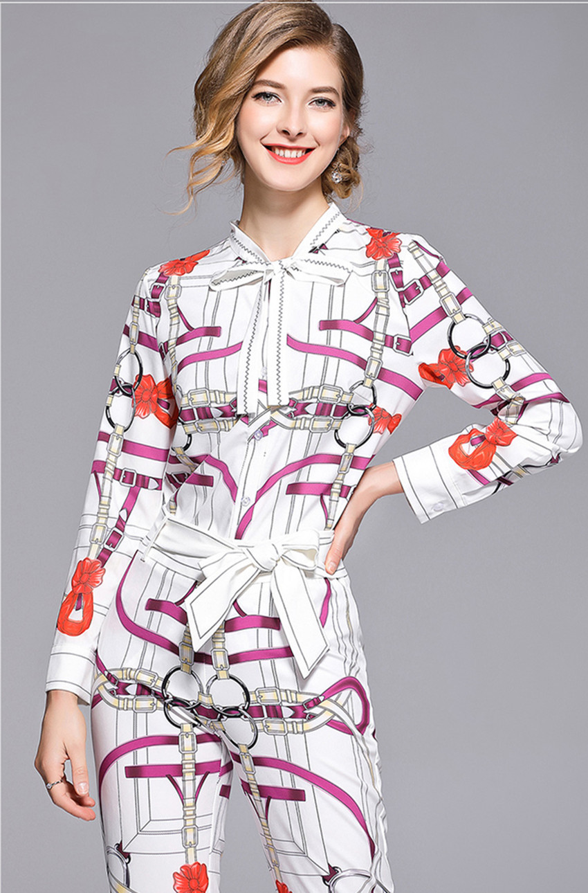 2018 Fashion Chain Printed Suit Sets 2 Piece Bow Collar Full Sleeve Shirt Top + Belt Pencil Pants Sets For Women Runway Twinsets D18110706
