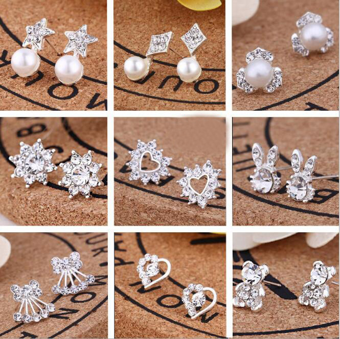 Mixed order Multi style Extravagance and glittering fashion delicate Rhinestone Ear Studs pearl earrings girl Madam jewelry 20Pairs/lot