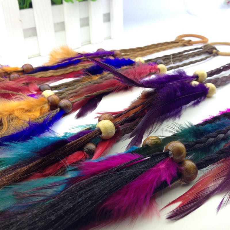 Handmade Bohemia Feather Hair Rubber Bands With Plait Wood Beads Girls Hippie Rope Mix Colors