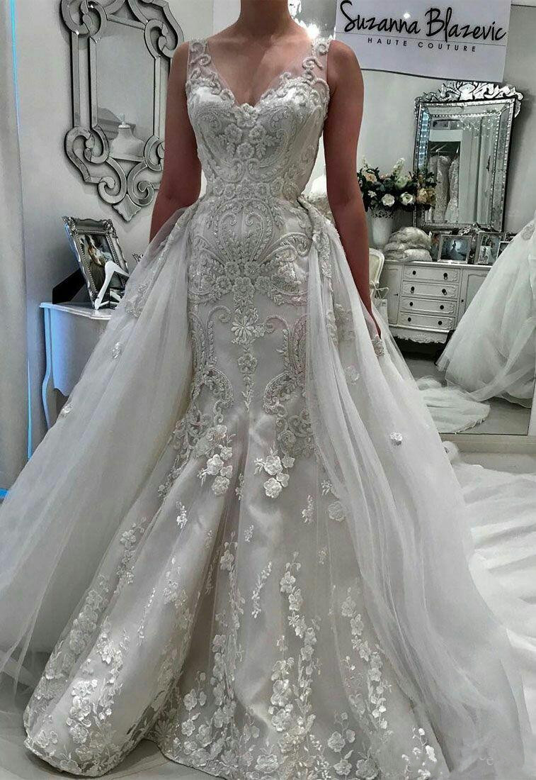 gorgeous mermaid wedding dresses with detachable skirt v neck lace appliqued bridal gowns beaded robes de soire wedding dress
