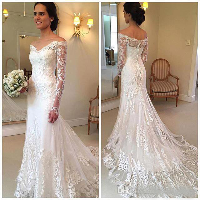 2020 New Gorgeous Long Sleeve Lace Mermaid Wedding Dresses Dubai African Style Petite Natural Slin Fishtail Off-shoulder Train Bridal Gowns