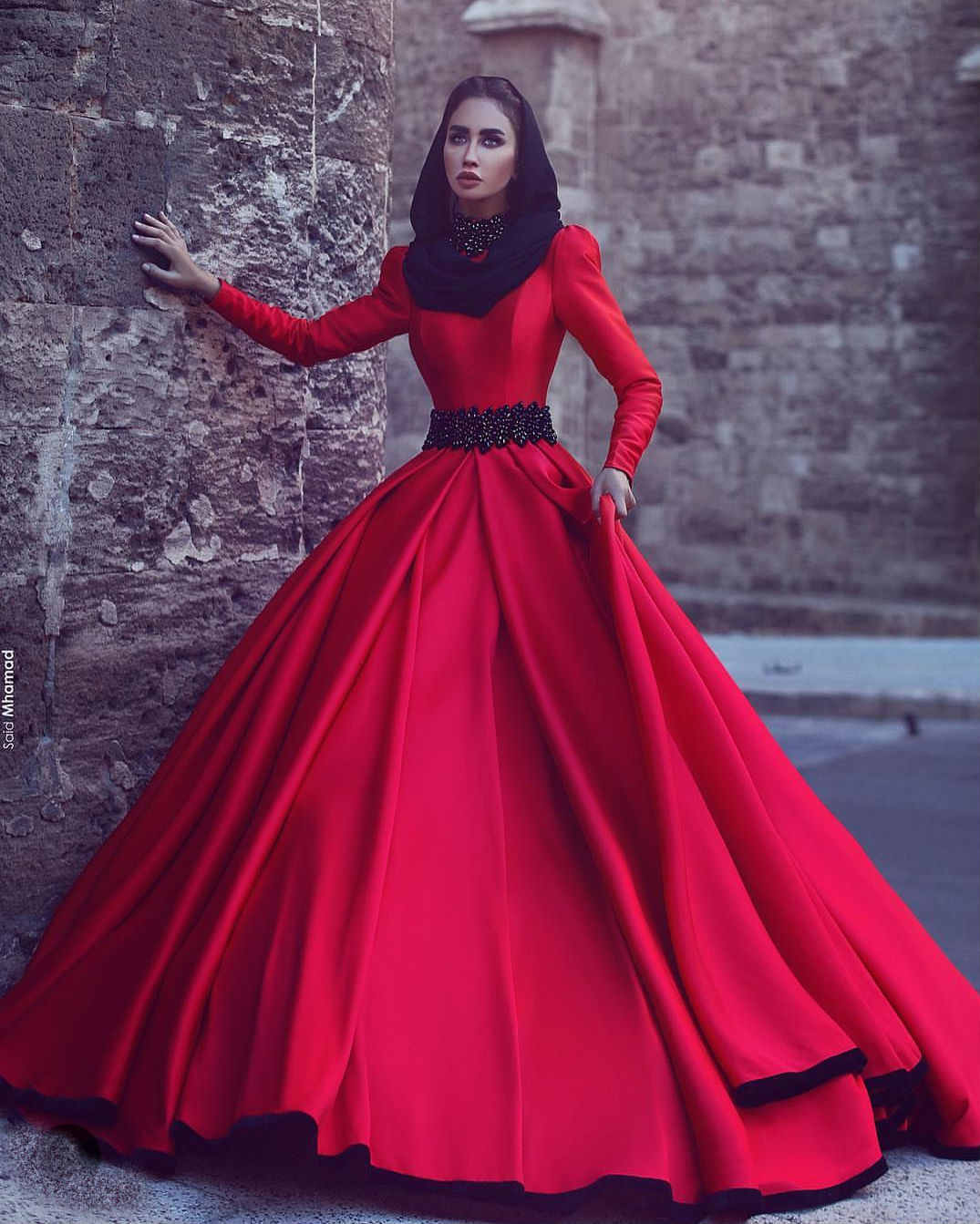 Brand New Muslim Prom Dress Red Satin High Collar Long Sleeve Ball Gown Evening Dresses With Detachable Sweep Train