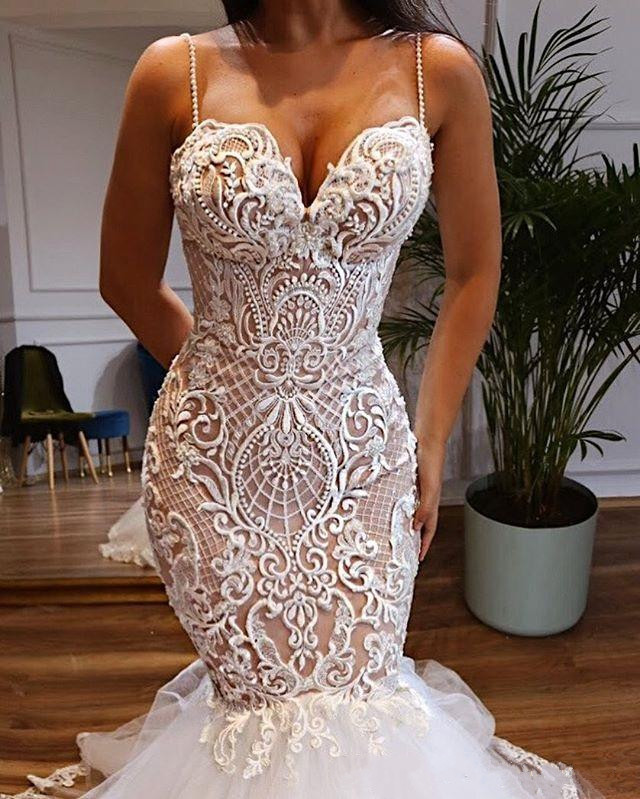 lace mermaid dresses spaghetti strap sweetheart necke bridal gowns trumpet wedding dress beads vestido de novia