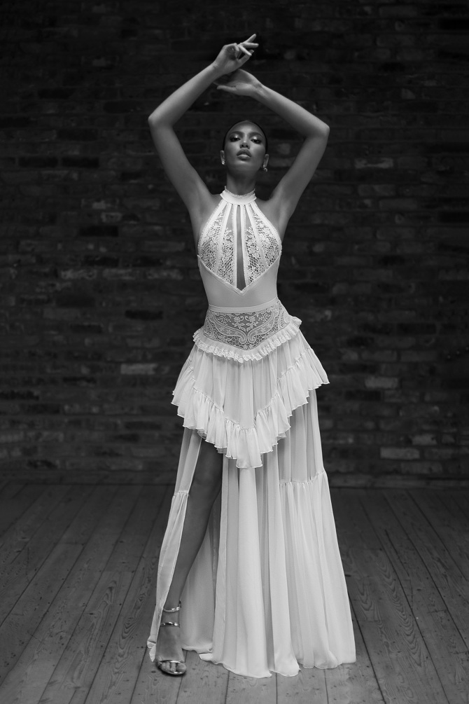 Lior Charchy Mermaid Dresses Halter Lace Sexy Backless Side Split Tiered Skirts Bohemian Wedding Dress Chiffon Beach Bridal Gowns