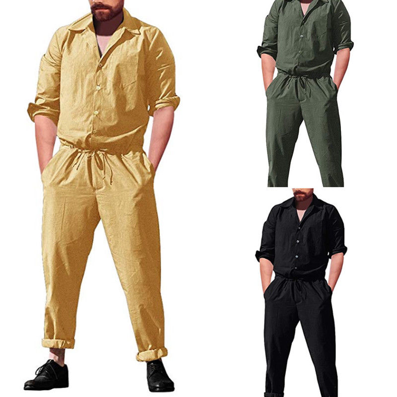 Fashion Autumn Cotton Rompers Mens Single Breasted Jumpsuit Cargo Wide Long Sleeve Pockets Overalls New One piece Suits Romper, Black 
Fashion Autumn Cotton Rompers Mens Single Breasted Jumpsuit Cargo Wide Long Sleeve Pockets Overalls New One piece Suits Romper, Black