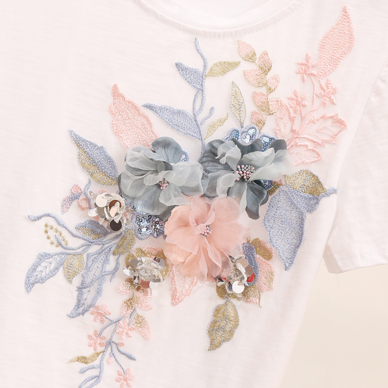 2018 Summer women t shirt 3D floral Embroidery tshirt cotton tops