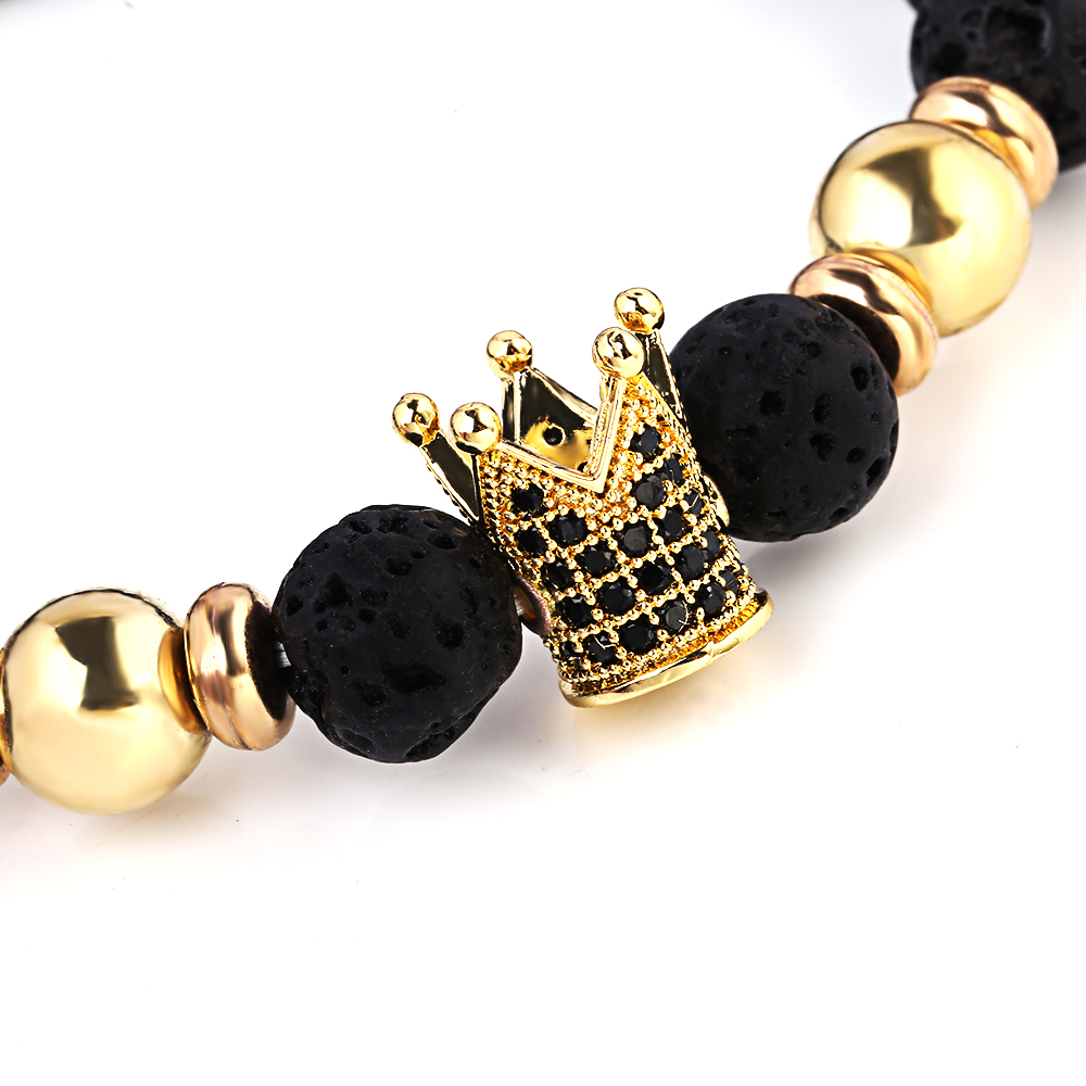 Black Lava Natural Stone Volcanic Rock Beads Strand Bracelets Trendy Gold Zircon Crown Bright Bead Bracelet Men Women Pulseras