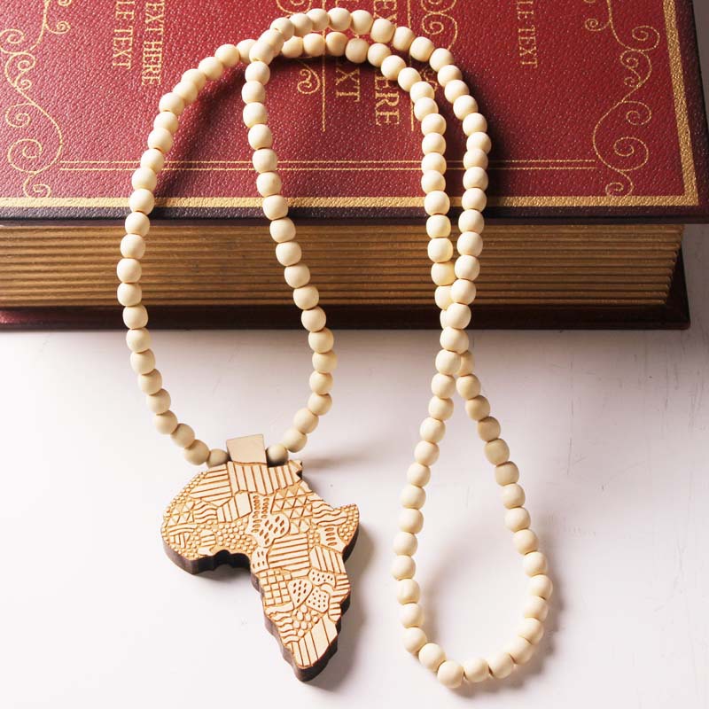 Fashion Wood Made Stylish Africa Map Pendant Hip Hop Beads Long Chain Men Wooden Pendants Necklaces Jewelry Gift S1003