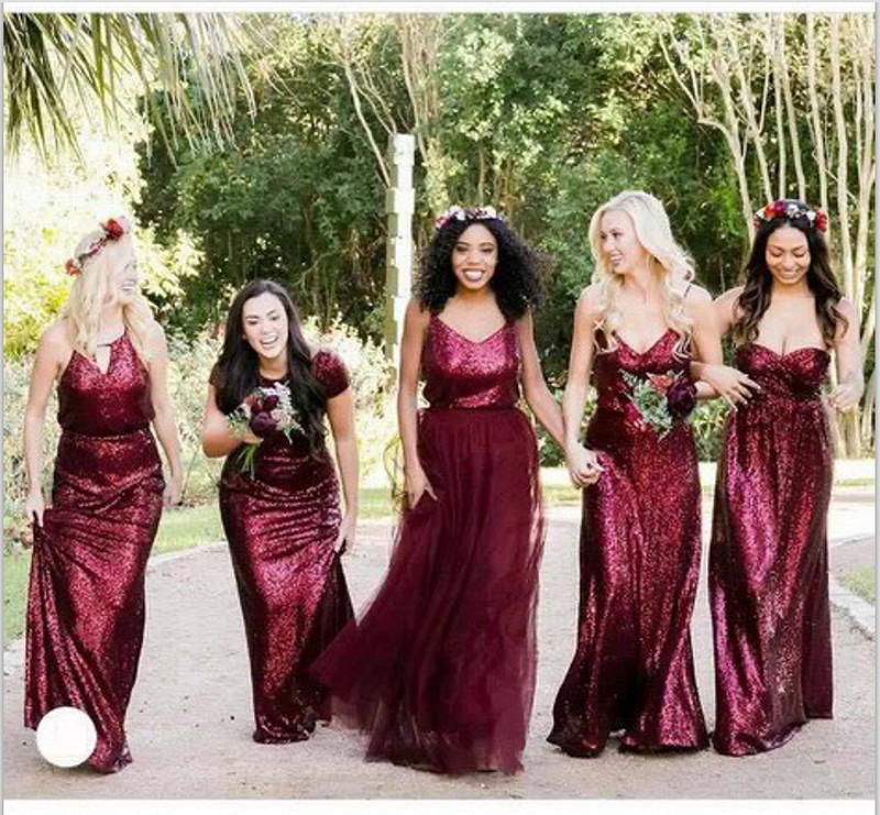 Fall 2018 Country Burgundy Bridesmaid Dresses Mix and Match Styles A Line Long Bordeaux Sequined and Tulle robes de demoiselle d'honneur