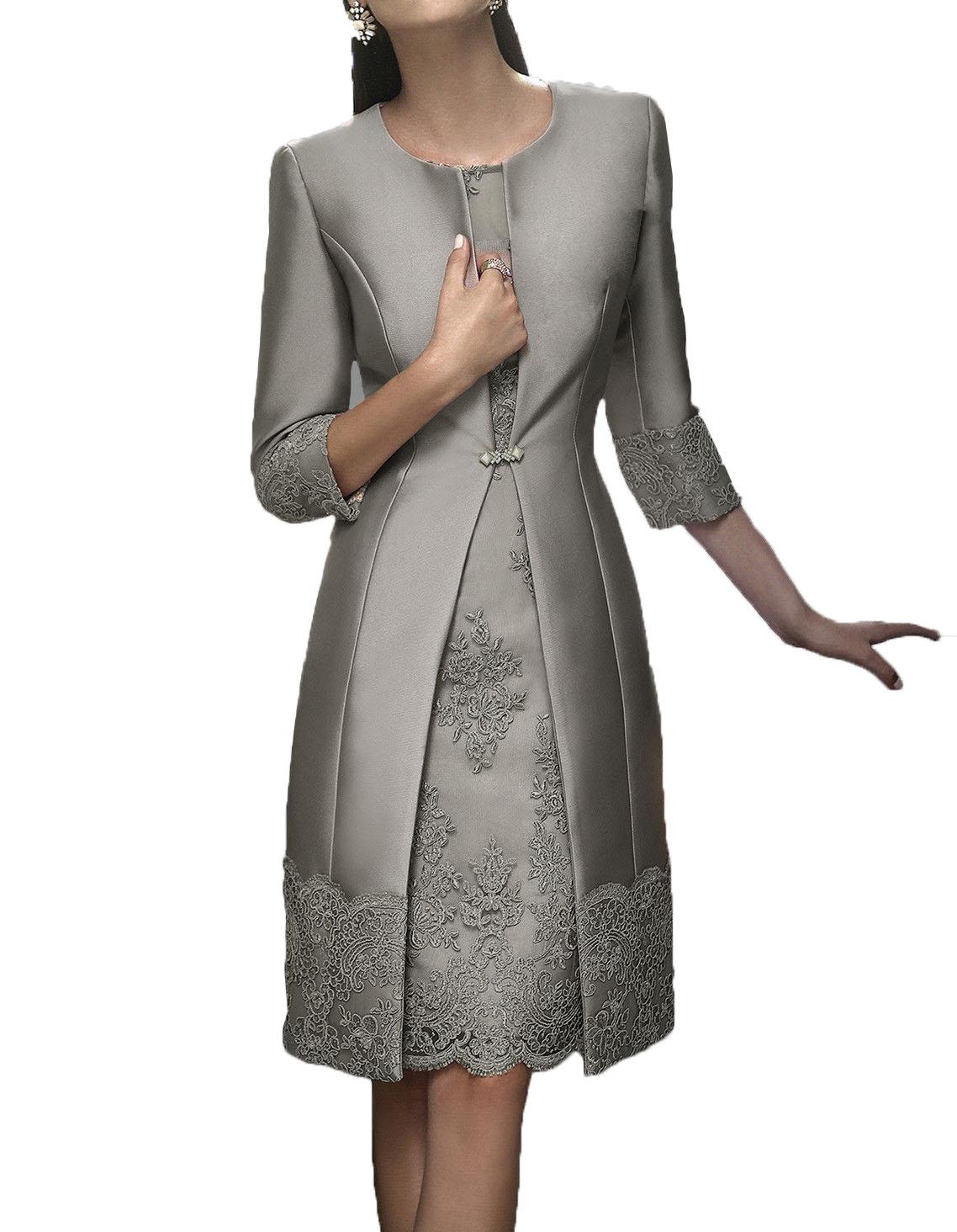 Elegant Sheath Short Mother Formal Wear Dress With Jacket Evening Satin Lace Party Wedding Guest Dresses Mother Of The Bride Suit Gowns