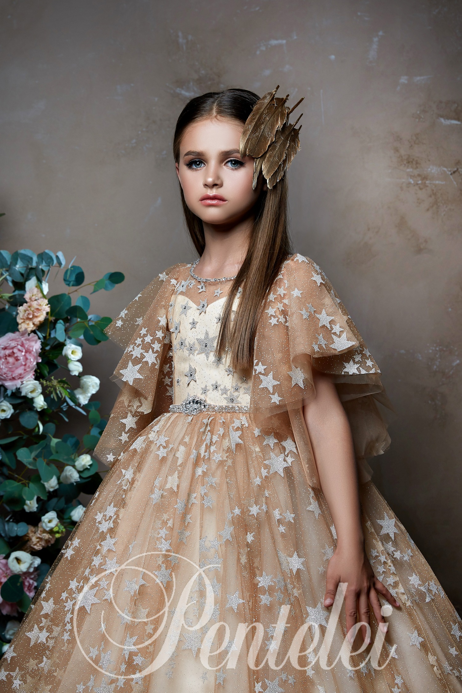 Pentelei 2019 Champagne Flower Girl Dresses For Wedding A Line Jewel Neck Ball Gown Girls Pageant Dress Luxury Kids Wedding Dress