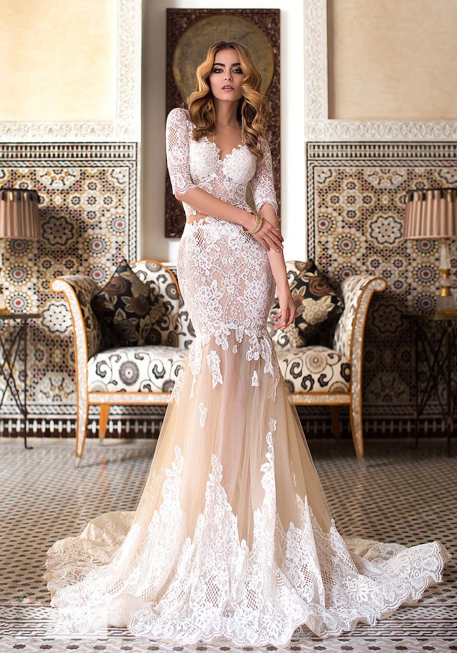 Clay Mermaid Lace Wedding Dree Sweetheart Neck Half Sleeve See Through Utton Ack Ridal Gown Trumpet Sweep Train Vetido De Novia