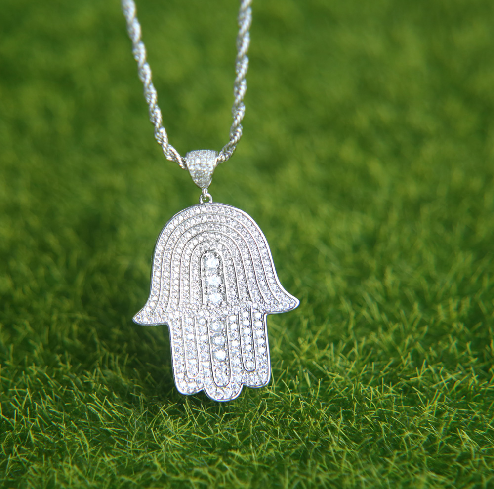 mens lucky hamsa hand pendant necklace hip hop Rock style Full cubic zirconia 24" rope chain silver gold plated cz men necklace