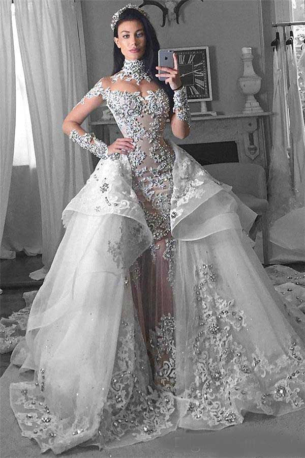 Luxury Arabic Wedding Dresses 2020 with Detachable Train High Neck Sheer Long Sleeves Crystal Appliqued Lace Cathedral Train Bridal Gowns