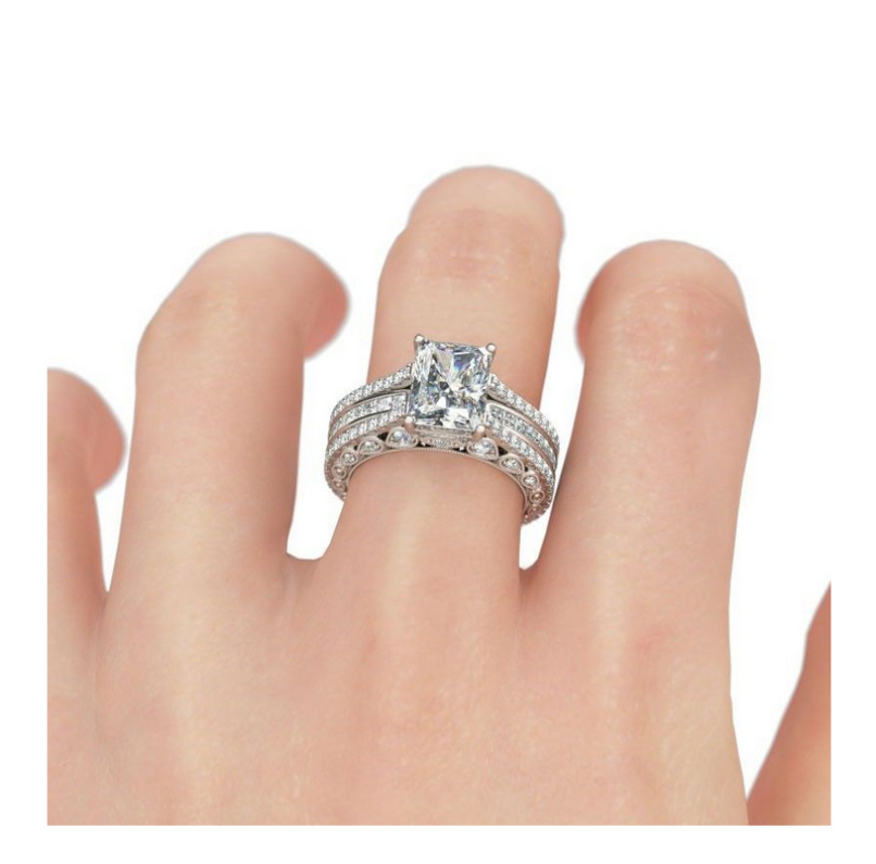 Sterg Sier Wedding Rings for Women: Vintage Topaz CZ Dia Gemstone Bridal Ring Set