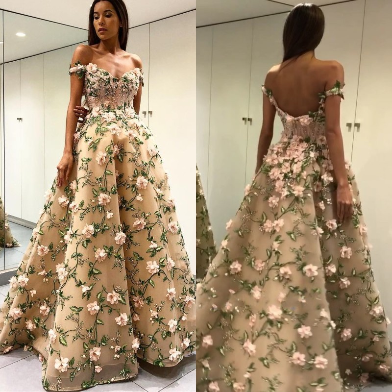 Dubai Fashion Formal Evening Dresses 3D Flowers Sexy Off Shoulder Beads Applique Tulle Ball Gown Prom Dress Glamorous Saudi Celebrity Dress