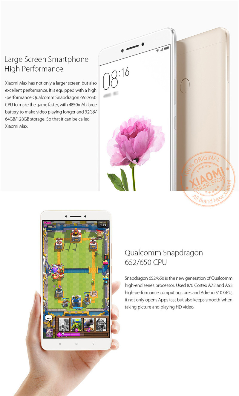 Original Xiaomi Mi Max Pro 4G LTE Mobile Phone Snapdragon 650 Hexa Core 2GB RAM 16GB ROM Android 6.44" 16.0MP Fingerprint Smart Cell Phone