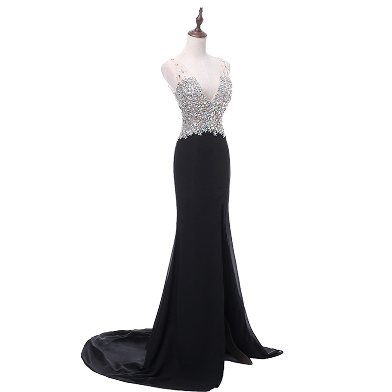 2018 New Cheap Black Chiffon Evening Dresses Beaded Crystals V-Neck Formal Prom Party Celebrity Gowns QC1136