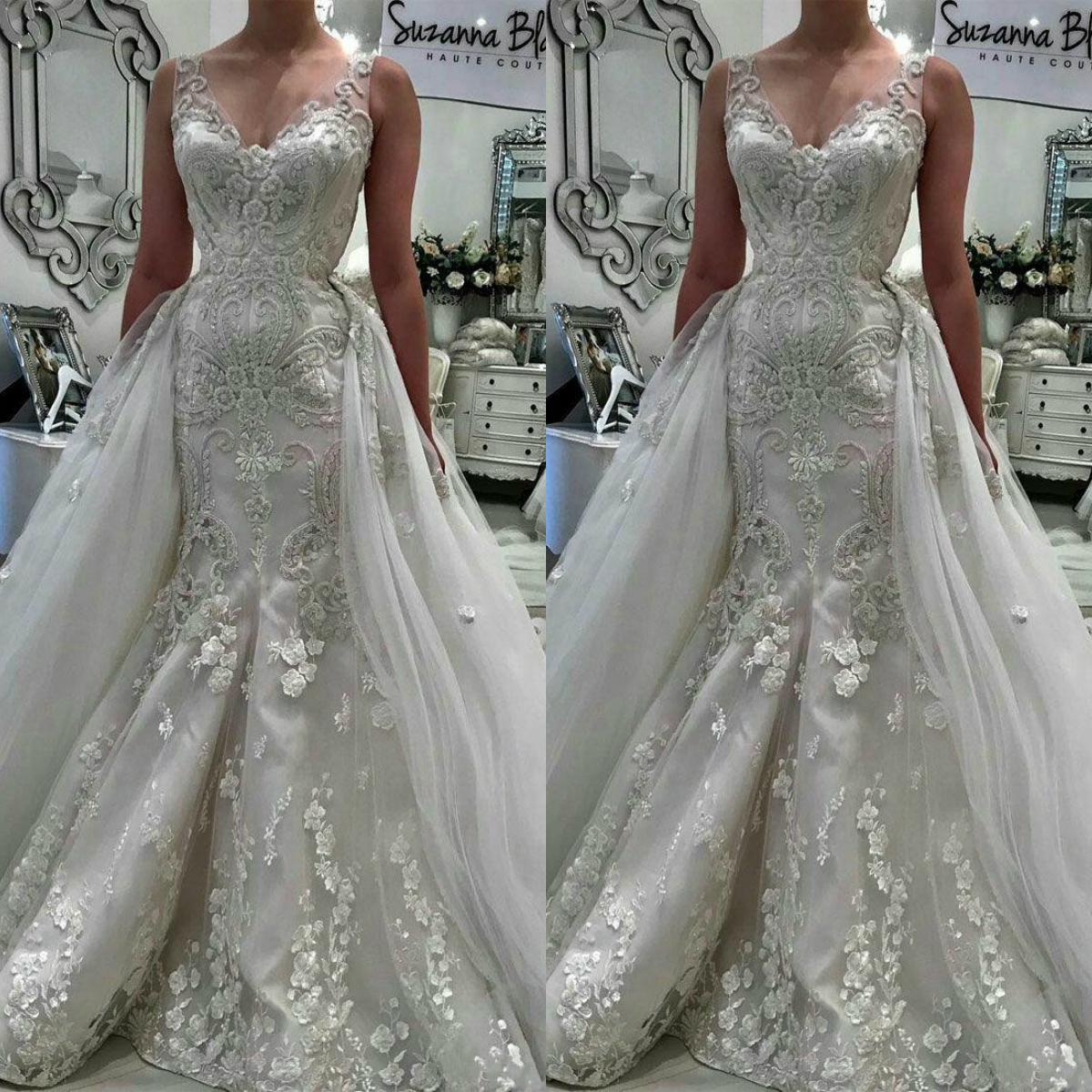 gorgeous mermaid wedding dresses with detachable skirt v neck lace appliqued bridal gowns beaded robes de soire wedding dress