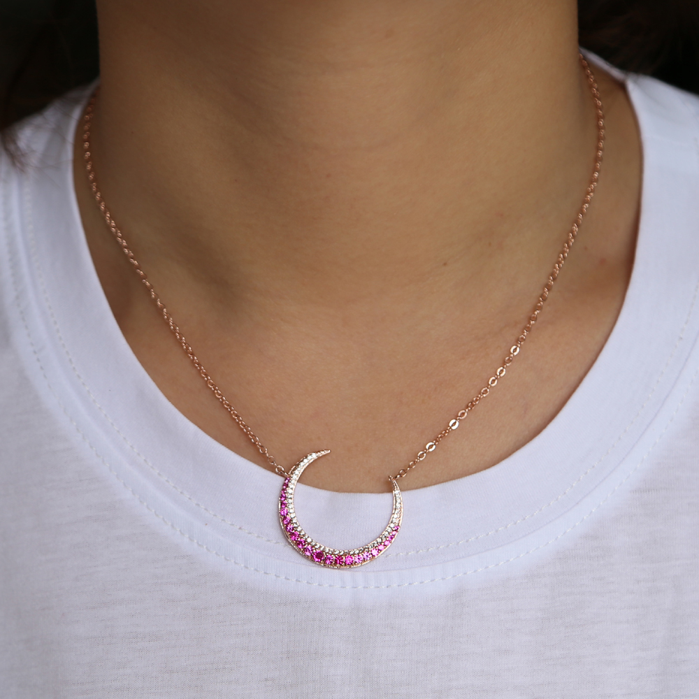 rose gold plated fashion chain red white cubic zirconia crescent moon Horn charm elegance Christmas gift CZ moon necklace