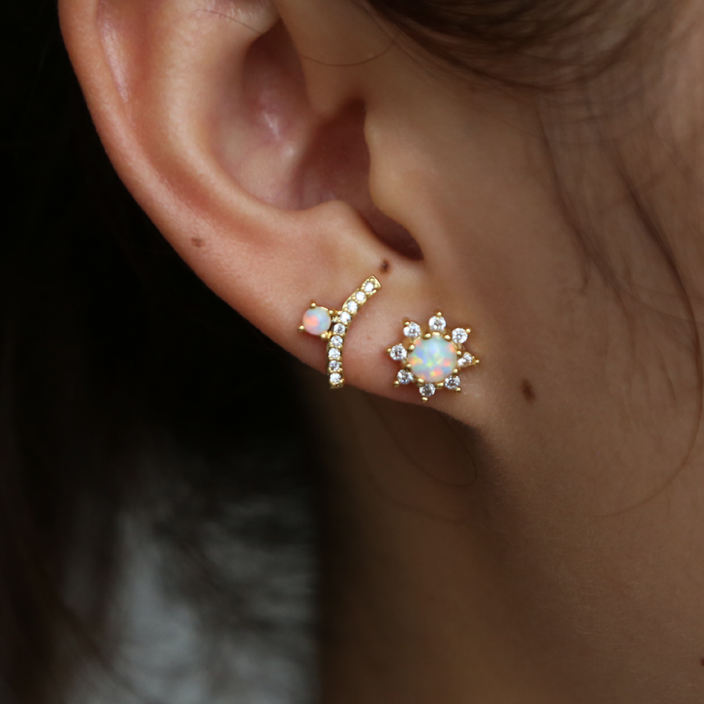 Gold plated geometric round cz bar stud earring for women girl gift Whire fire opal gemstone elegance high quality fashion trendy women gift