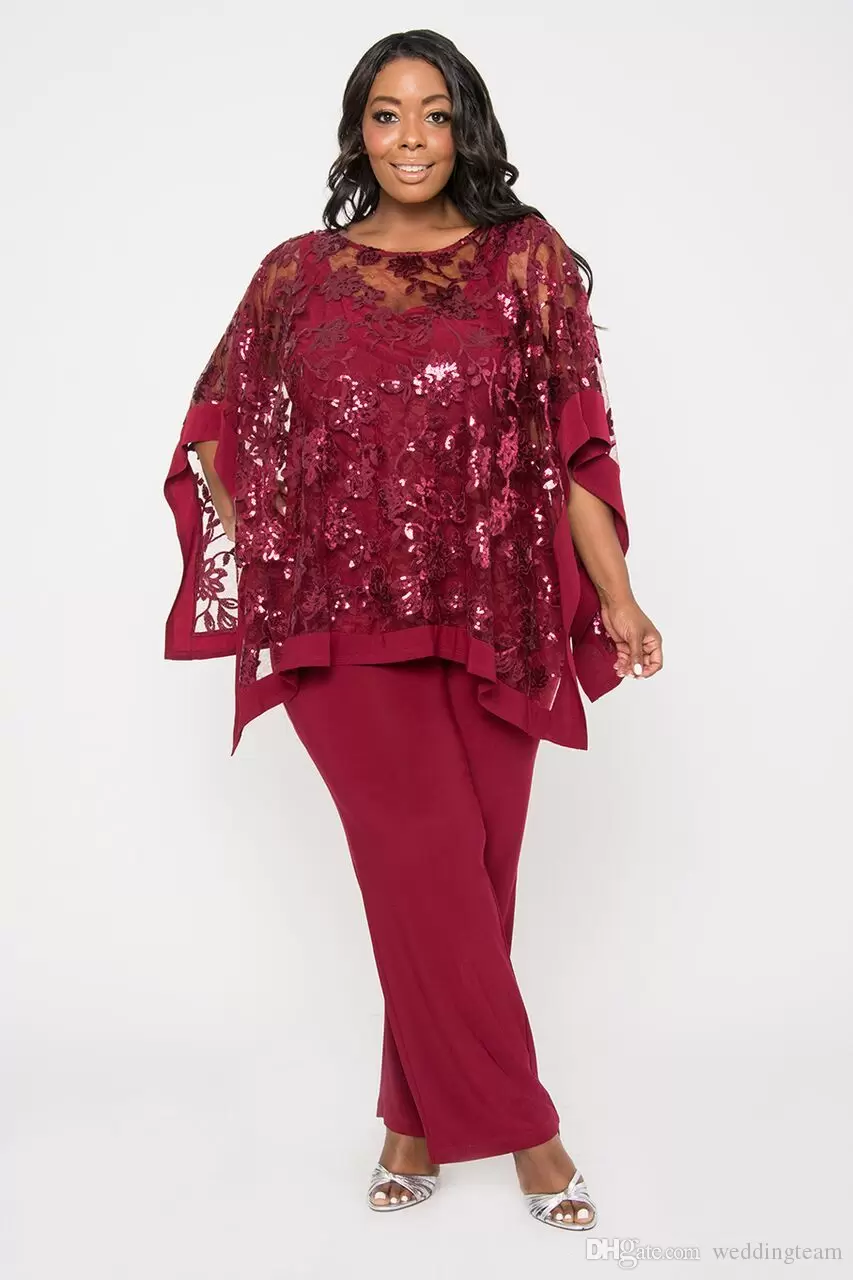Dark Red Lace Sequined Mother Of Bride Pant Suits Jewel Neck Formal Wedding Guest Dress With Shawl Plus Size Mothers Groom Dress Custom