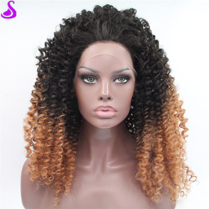 Ombre Brown wig short afro kinky Curly Synthetic Lace Front Wig Glueless Heat Resistant Natural Hair Wigs For black Women 180 Density
