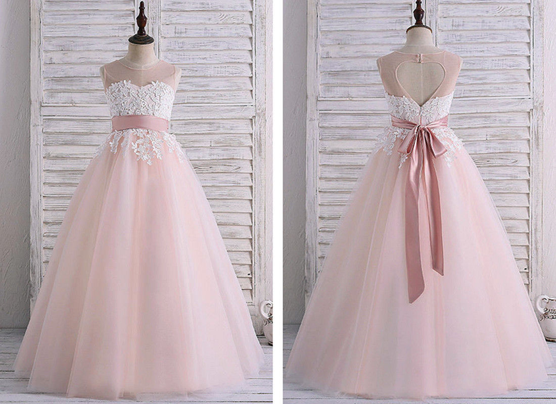 Flower Girls Dresses Lace 3D Hand Made Flowers Sleeveless Chapel Train with Big Bowk Peagent Dresses