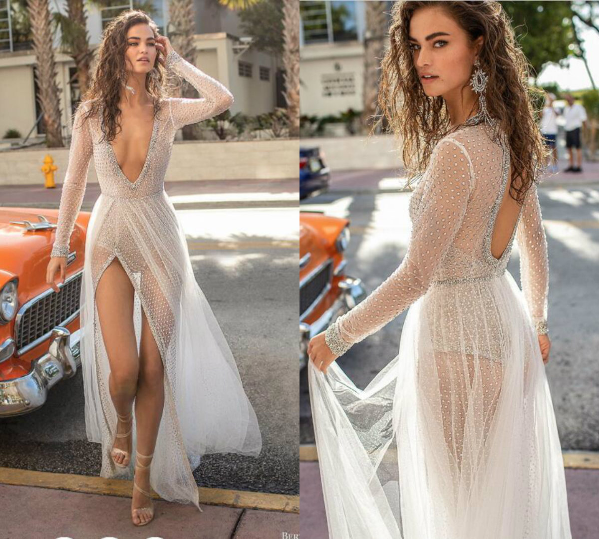 2019 Berta Wedding Dresses A Line Side Split Deep V Neck Illusion Beaded Long Sleeve Beach Bridal Dress Sexy Boho Wedding Gown Plus