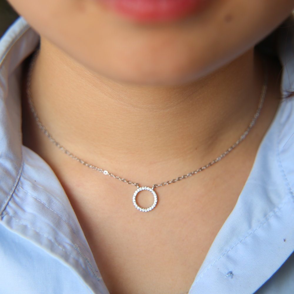 2018 simple 925 sterling silver geometric round circle shaped link chain necklace micro pave cz circle shinny silver Classic simple design