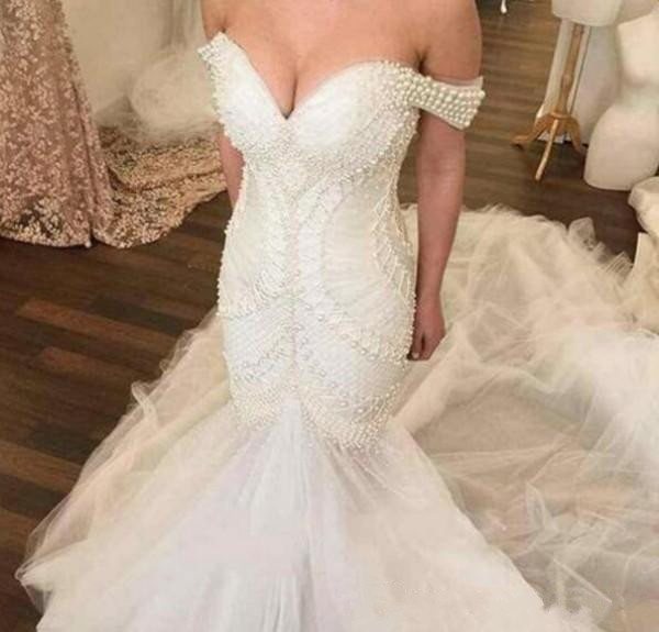 Mermaid Fabulous Wedding Dresses Pearls Beading Fit and Flare Trumpet Bridal Gowns Tulle Skirt Off Shoulder Robes De Soir e
