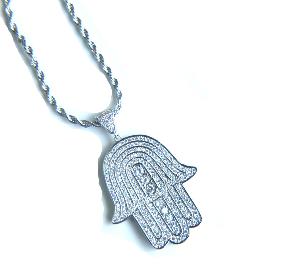 mens lucky hamsa hand pendant necklace hip hop Rock style Full cubic zirconia 24" rope chain silver gold plated cz men necklace