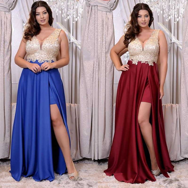 Fashion Plus Size Lace Prom Dresses Sheer V Neck Beaded Evening Gowns Appliqued Vestidos De Fiesta Side Split Formal Dress