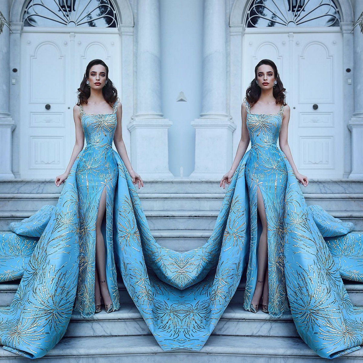 High Quality Custom Made Prom Dress Square Neck Side Split Gold Sequins Satin Evening Party Dresses With Detachable Train