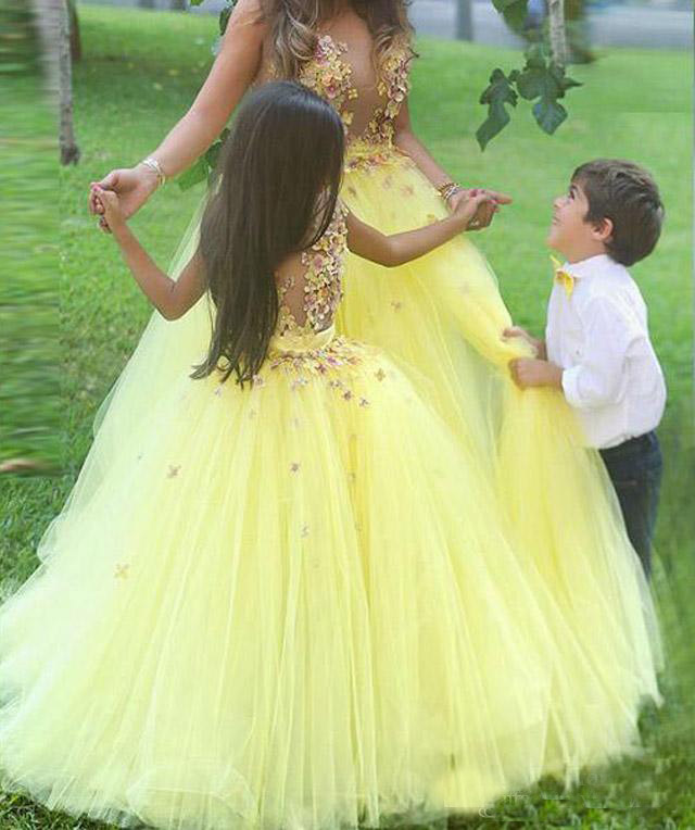 New Arrival Stunning Yellow Ball Gown Flower Girl Dresses for Wedding Girls Pageant Dress/Gowns Kids Party Dress Cheap