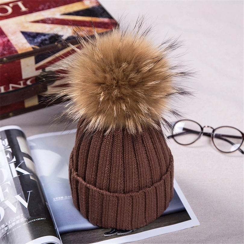 Raccoon Fur Ball Pom poms winter hat for women girls knitted wool beanies caps thick female Women's Fur gorros hats Detachable D18110102