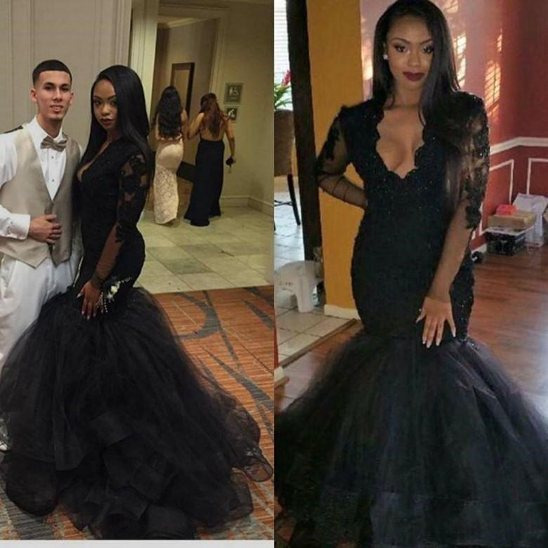 Plus Size Black Girl Prom Dresses Long Sleeve Deep V Neck Lace Evening Gowns Custom Made Formal Party Dress
