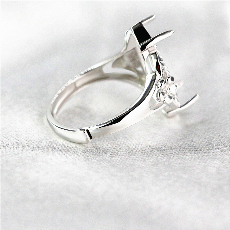 Fine Silver 925 Sterling Silver Ring Engagement Wedding Semi Mount Ring for 10x20mm Marquise Cabochon Amber Agate Setting White Gold Color
