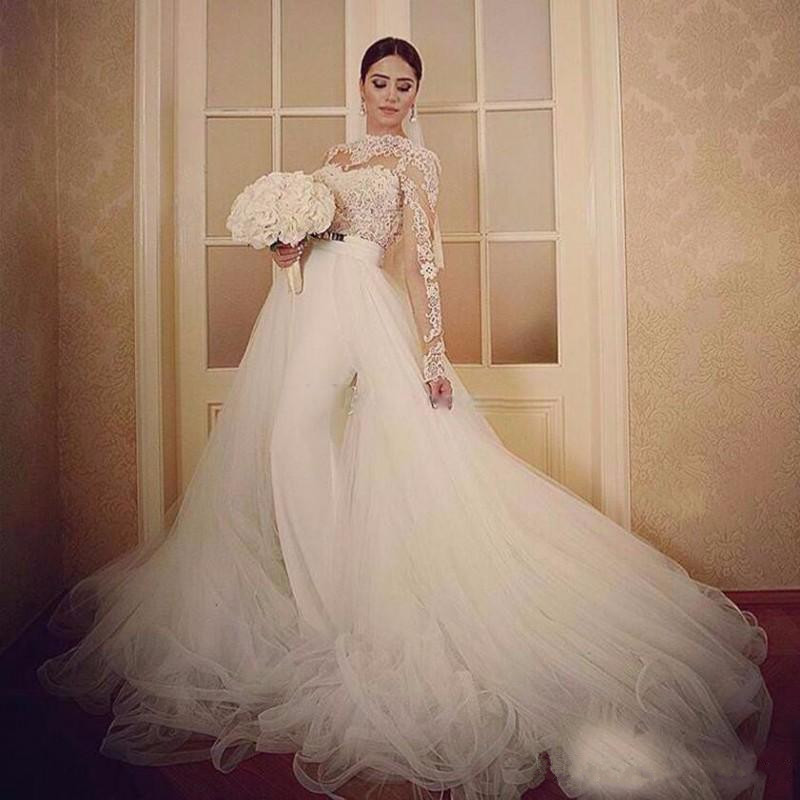mermaid wedding dresses jewel neck backless long sleeve with detachable train appliques lace wedding dress vestidos de novia