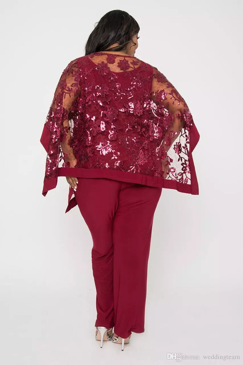Dark Red Lace Sequined Mother Of Bride Pant Suits Jewel Neck Formal Wedding Guest Dress With Shawl Plus Size Mothers Groom Dress Custom