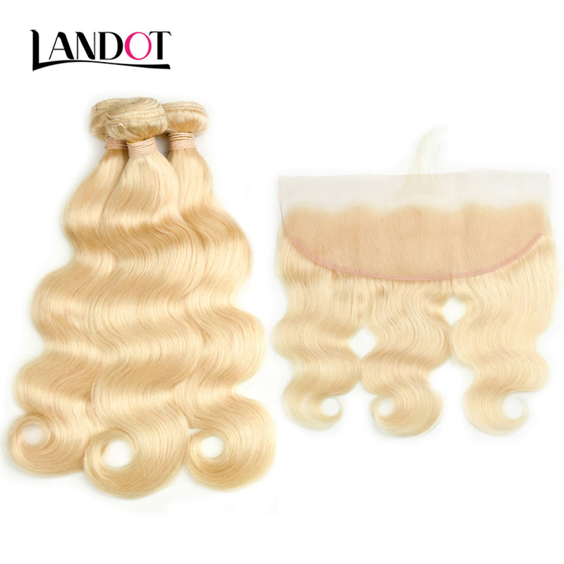 9A Bleach Blonde 613 Color Lace Frontal Closures With 3 Bundles Virgin Brazilian Peruvian Indian Malaysian Body Wave Remy Human Hair Weaves