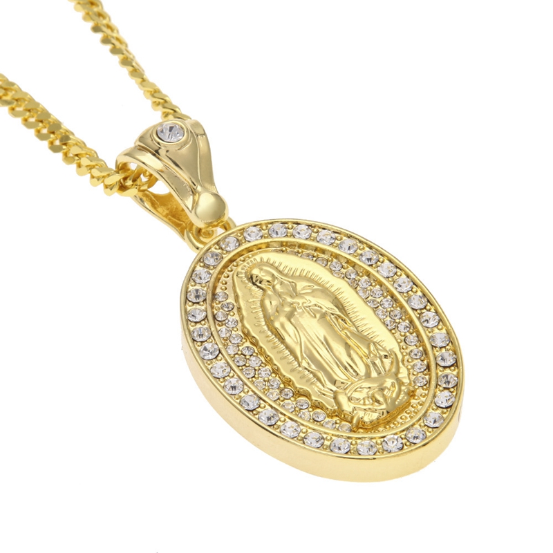 Authentic Hiphop Santa Maria Pendant Necklaces For Mens Oval Charm Gold Plated Full Diamond Hip Hop Jewelry