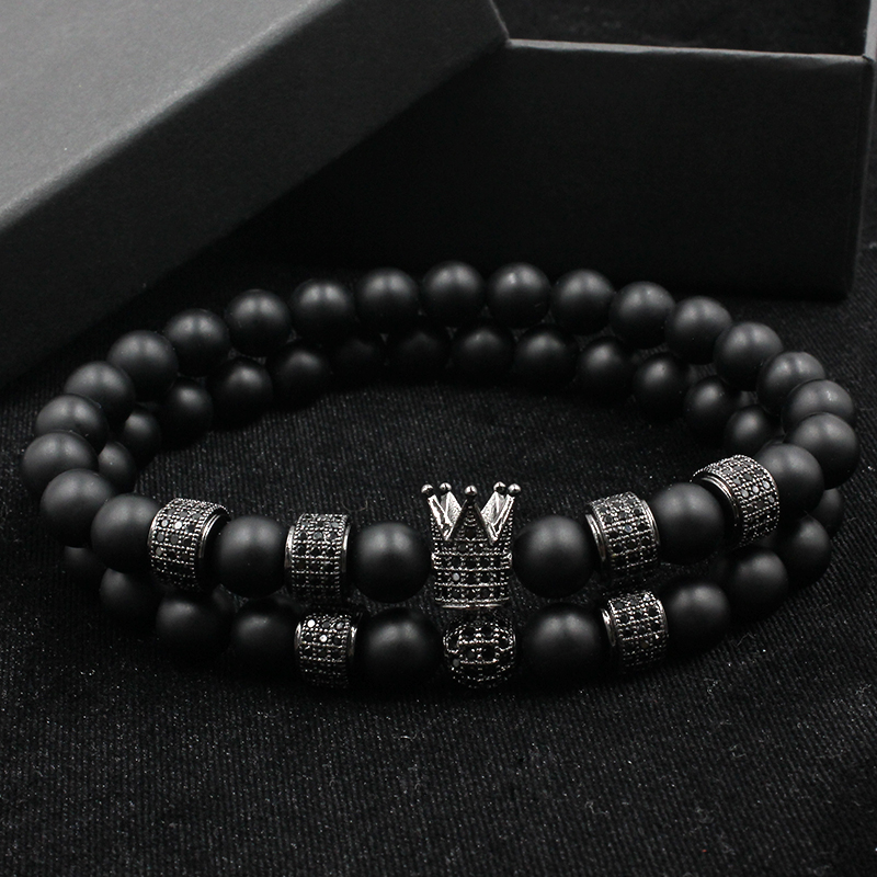2pcs/set Uxury Fashion Crown Charm Bracelet Natural Stone For Women And Mens Pulseras Masculina jewelry Gift, holiday, valentine's day Father