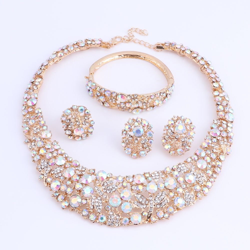 Women AB Color Crystal Jewelry Sets With Necklace Earrings Bracelet Ring Statement Necklaces Boho Trendy Wedding for Party Direct Selling