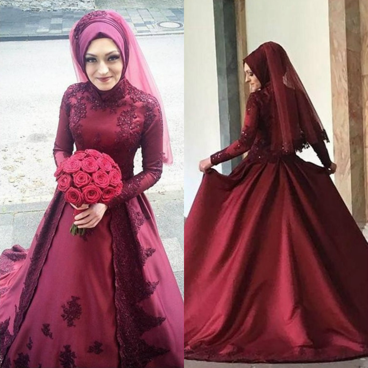 Dark Red Muslim Wedding Dress Custom Made High Collar Long Sleeves Lace Applique Beads Bridal Gowns With Veil