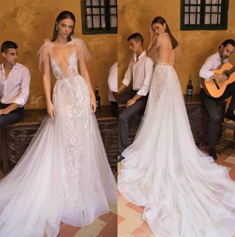 2018 Berta Beaded Backless Wedding Dresses Deep V Neck Overskirt Mermaid Boho Bridal Gowns Appliqued Tulle Plus Size Vestidos De Novia, White
2018 Berta Beaded Backless Wedding Dresses Deep V Neck Overskirt Mermaid Boho Bridal Gowns Appliqued Tulle Plus Size Vestidos De Novia, White