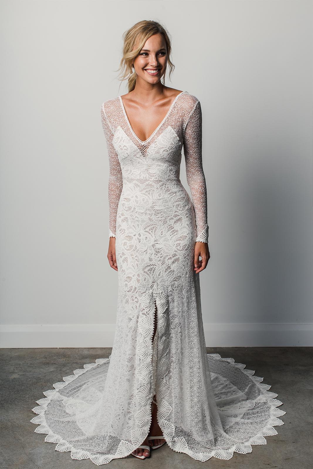 Modest Long Sleeve Dresses V Neck Lace Front Split Sexy Backless Sweep Train Mermaid Wedding Gowns Illusion Plus Size Bridal Dress