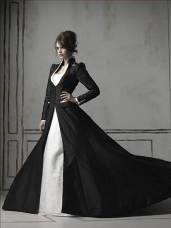 Gothic Black and White Mermaid Wedding Dresses with Long Sleeves Coat Sweetheart Trumpet Chapel Train Satin and Lace Bridal Gowns 2 in 1